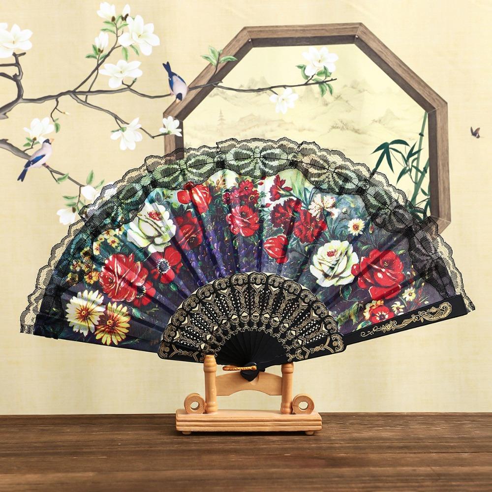 Plastic Ribs Spanish Folding Fan Lace Trim Edge Handheld Fan Elegant Dance Prop Fan Gift