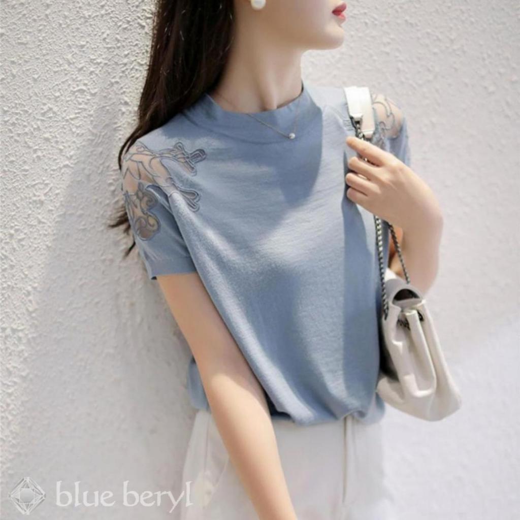 Summer knit top for short lace round cool summer regular slimming adult easy women, sleeves, trim, see-through, neck, thin, knit, fashionable,