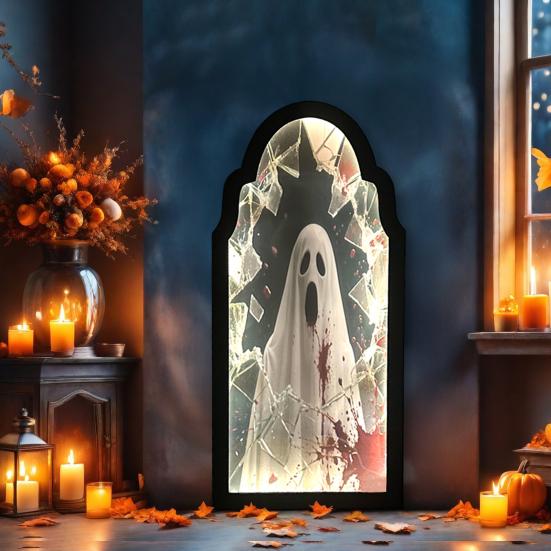 Halloween Hologram Ghost Mirror Spooky Blood Ghost Mirror with LED Light for Bedroom Kitchen Haunted House Decor