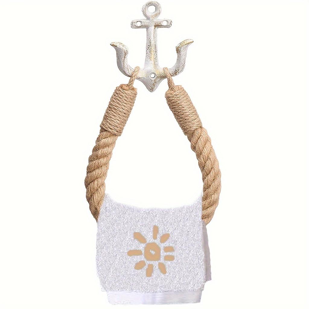 Vintage Nautical Style Rope Toilet Paper Holder with Jute Towel Ring Metal Anchor Hook Wall Mounted Coastal Bathroom Decor, Easy Installation,