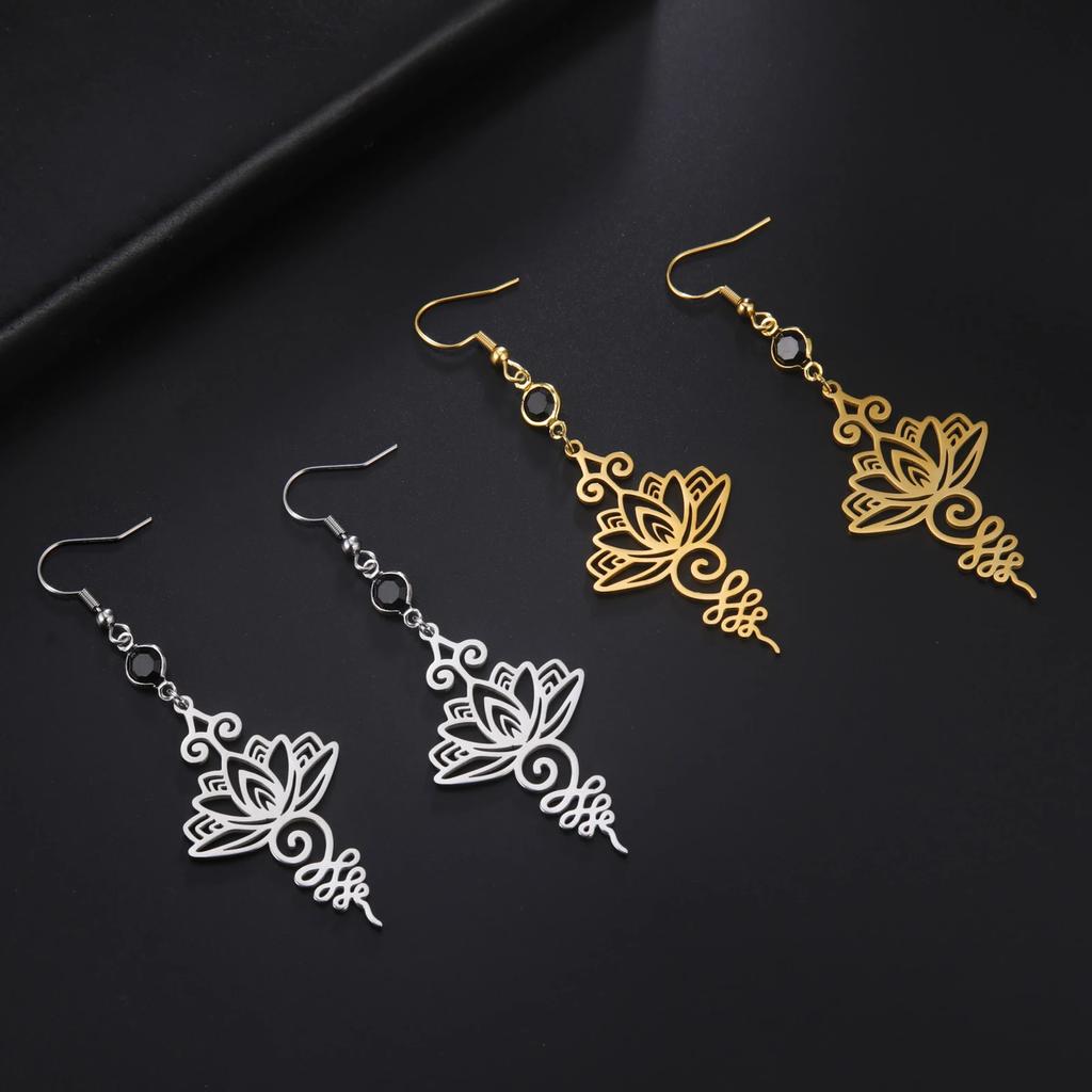 Skyrim Unalome Lotus Flower Dangle Earrings Stainless Steel Yoga Buddhism Pendant Drop Earring Spiritual Jewelry Gift for Women