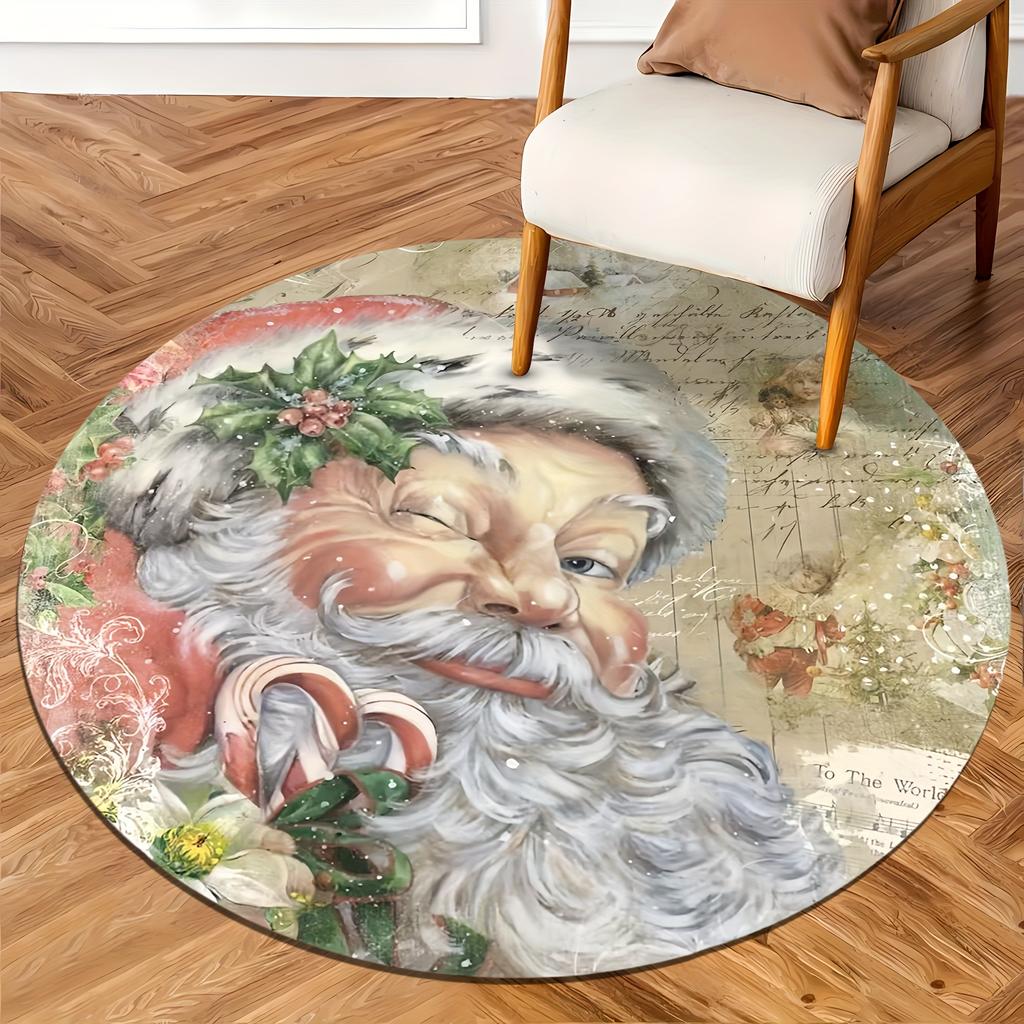 Christmas Santa Claus Pattern Round Shape Floor Mats Kitchen Hallway Runner Rug Bedroom Living Room Soft Carpet Non-slip Area Rug