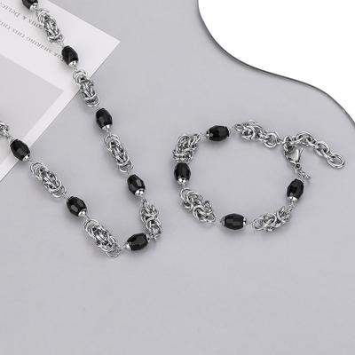 Hip Hop Stainless Steel Cuban Chain Black Spacer Beads Handmade Chain European and American Trendy Versatile Accessory Thick Chain Necklace