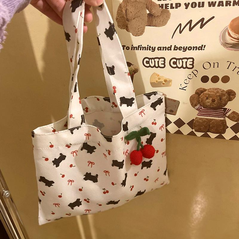 Roztomilé kotě, třešňový potisk s mašlí, plátěná taška tote, velká kapacita, cestovní, přenosná, úložná taška na drobnosti, dívčí, dojíždění, taška přes rameno, dárek