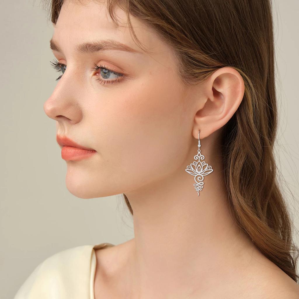 Unalome Pendant Earrings Hippie Stainless Steel Yoga Lotus Flower Drop Earrings for Women Unique Buddhism