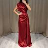Women's Satin Round Neck Long Pleated Waist Dress for Evening Party