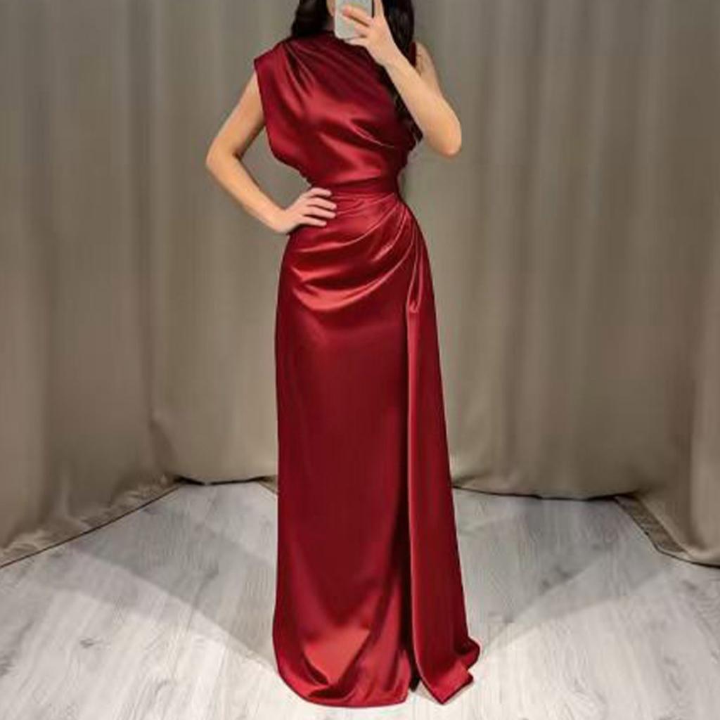 Women's Satin Round Neck Long Pleated Waist Dress for Evening Party