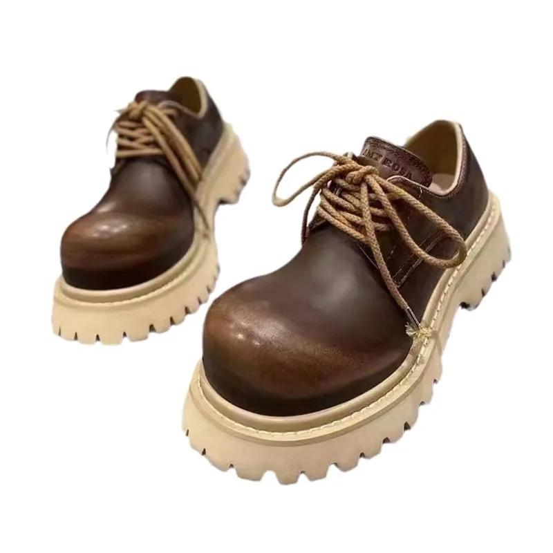 Men's and Women's Same Big-headed British Style Platform-soled Lace-up Small Round Head Thick Heel Leather Loafers Derby Shoes