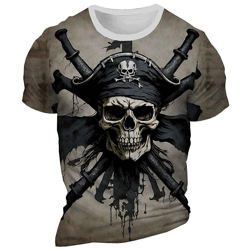 Men's Skeleton Pirate Graphic T-shirt Short Sleeve T Shirt Outdoor 3D Crew Neck Tees Fashion Cool Daily Y2k Tops Summer Clothing