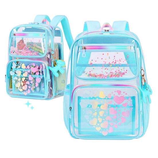 Kids Clear Backpack Waterproof Student Backpack with Love Heart Prints Book Bag with Front Zipper Pockets for Boys Girls School Street