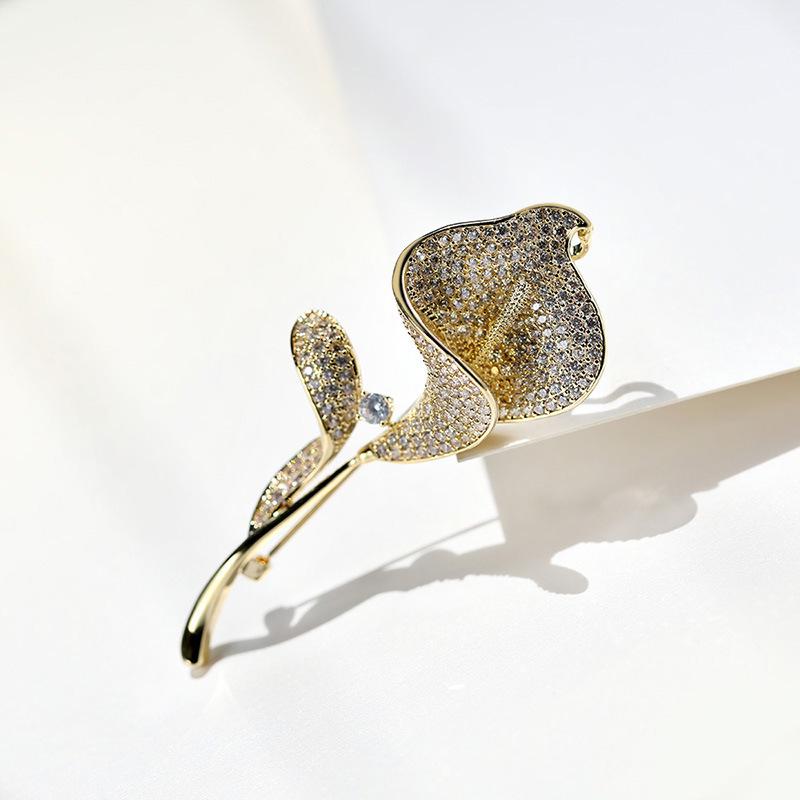 Gold-Plated Zirconium Calla Lily Brooch - Elegant Luxury Holiday Gift Pin