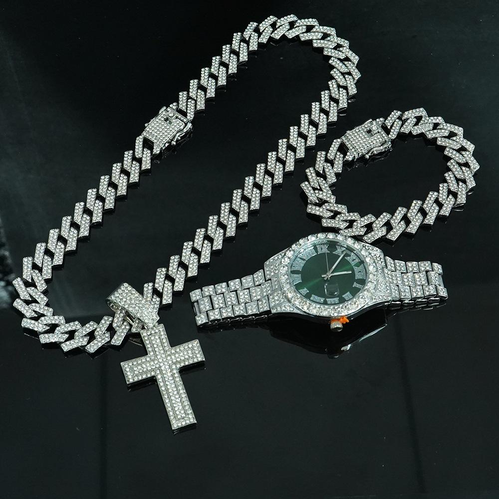 Set Collana Bracciale Catena Cubana Diamantata da Uomo 15mm Hip Hop Moda alla Moda Ciondolo Regina con Collane Catene Moda Complete