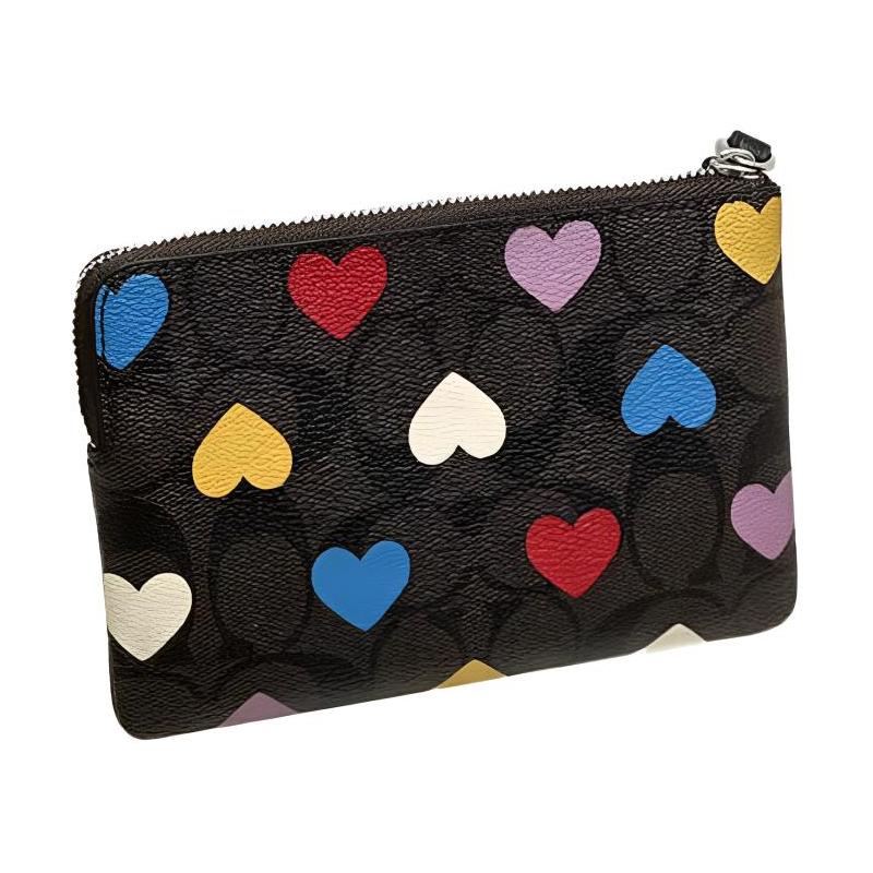 COACH Corner Zip Classic Presbyopia Love PVC (Polyvinyl Chloride) with Leather Clutch Mini Women's Dark Brown Print