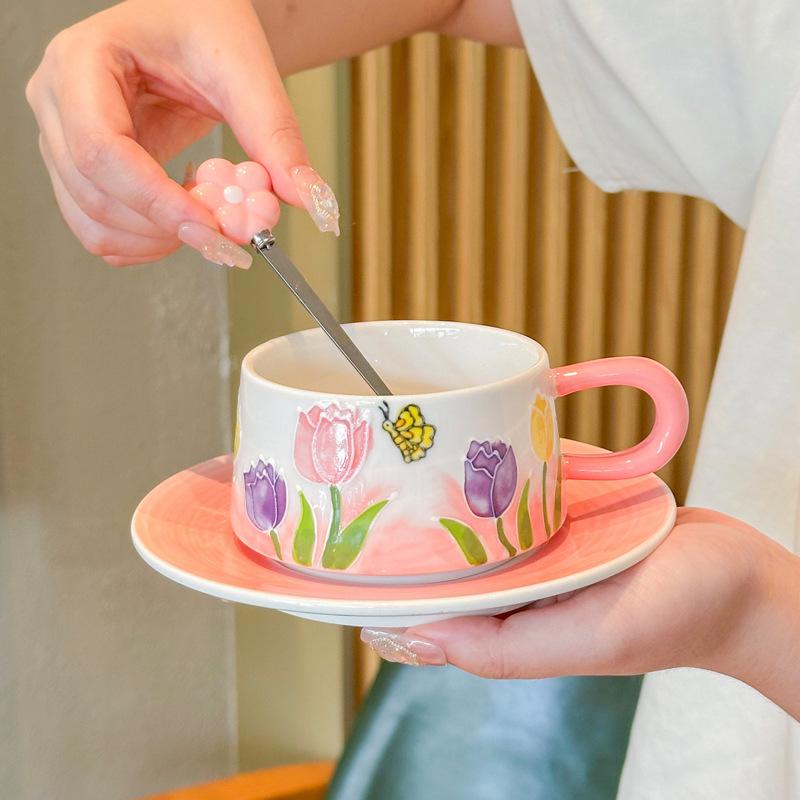 Hand-painted tulip exquisite coffee cup niche high-end ceramic cup and saucer set afternoon teacup souvenir gift
