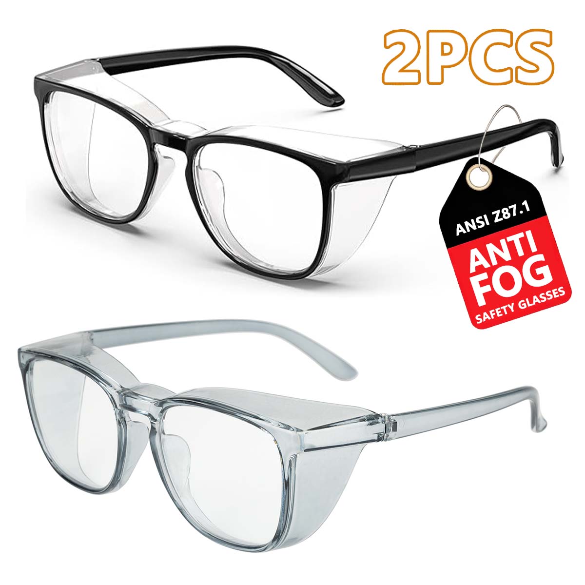 

(2PC (Black+Blue)) Safety Glasses Clear Flat Light Anti-fog Eye Protection & Perfect Gift Choice HM9