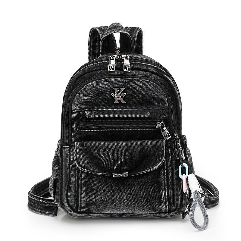 Schoolbag1011 Solid color Korean version denim versatile backpack women's multi-pocket large-capacity commuter travel simple backpack bag