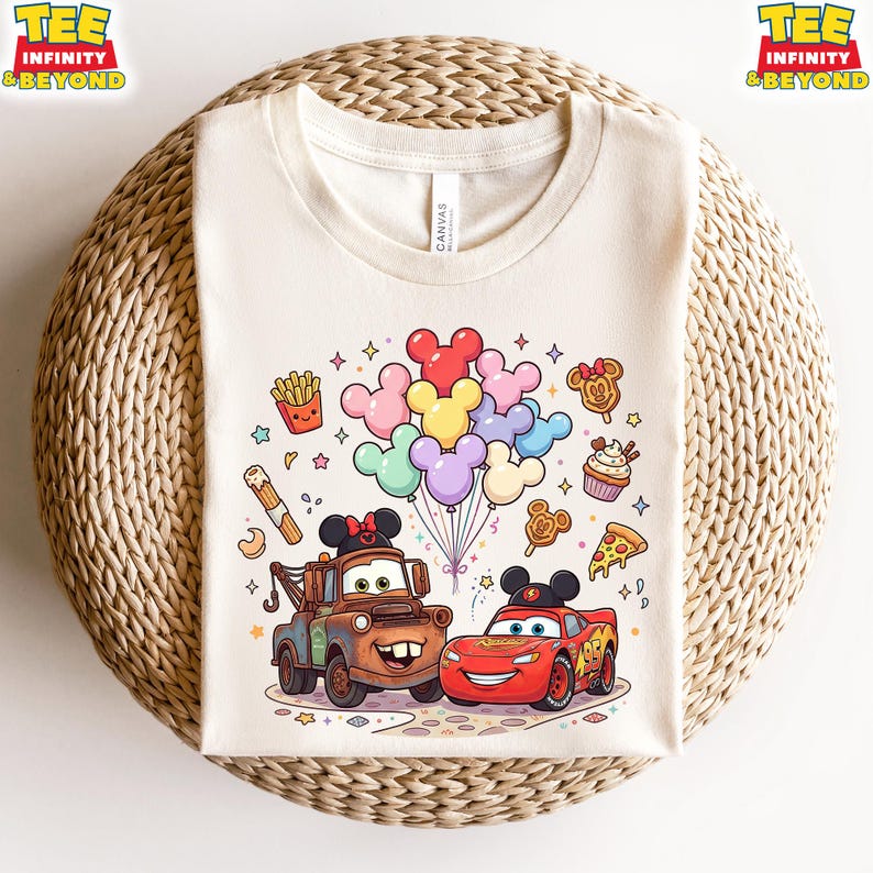Lightning McQueen And Tow Mater Mickey Balloons T-Shirt, Disney Cars Character Tee, Mickey Balloon Snacks T-Shirt, Disney Family Trip Outfit 160