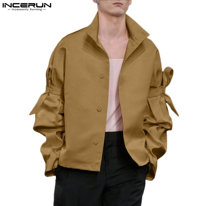 INCERUN Oversized Men Stand Neck Bow Knot Long Sleeve Casual Loose Shirts Tops