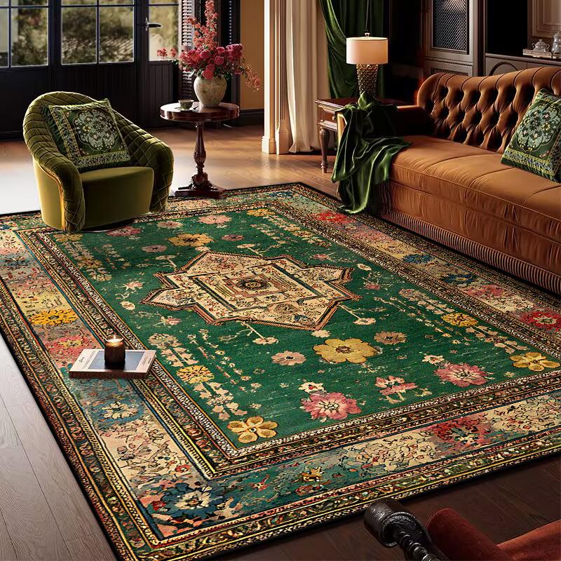 Retro Bohemian Persian Green Carpet for Living Room Comfortable Soft Non-slip Bedroom Rugs Classical Entrance Door Mat Washable