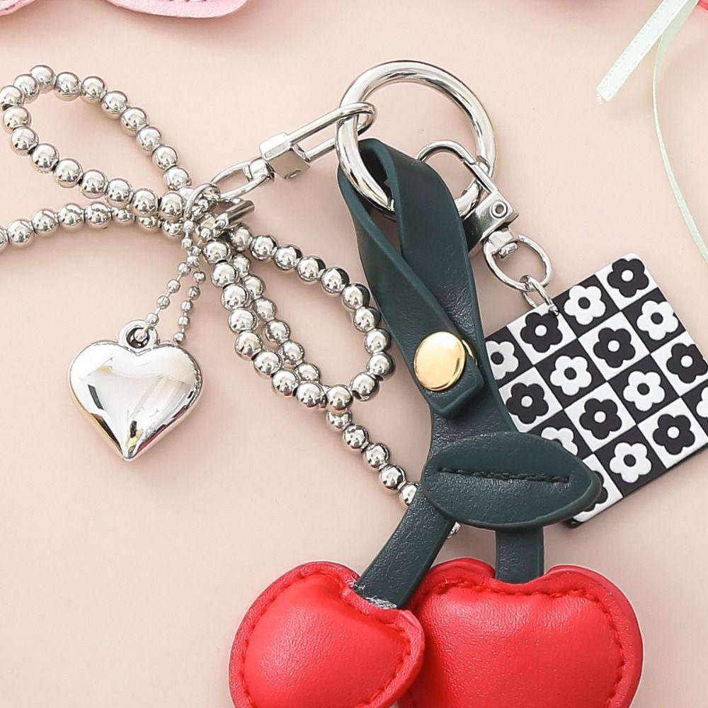 Heart Buckle Cherry Keychain Bowknot Fruit Style Charms Leather Cherry Pendant  Birthday Gift