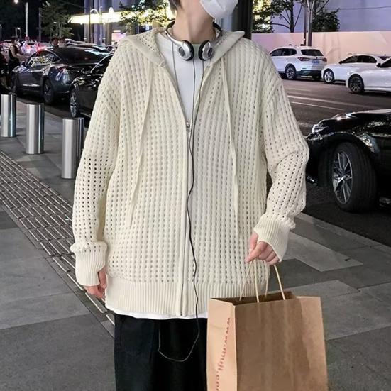 Men Sweater Long Sleeve Zipper Closure Solid Color Hollow-out Design Super Soft Decorative Polyester Men Hooded Sweater Coat Autumn