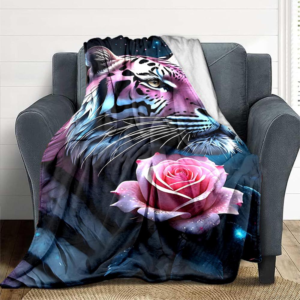 

1pc Tiger Rose Print Blanket, Lightweight Flannel Fleece with Digital Printing, Soft Warm for Sofa, Travel, Camping, Office, Couch, Chair, and Bed, Al 100x150cm