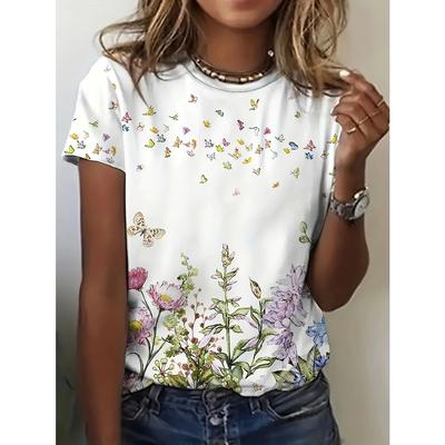 Damski T-shirt Casual z Nadrukiem Kwiatowym i Motylkowym - Krótki Rękaw, Okrągły Dekolt, Oddychający do Noszenia na Każdą Porę Roku, Damskie T-shirty