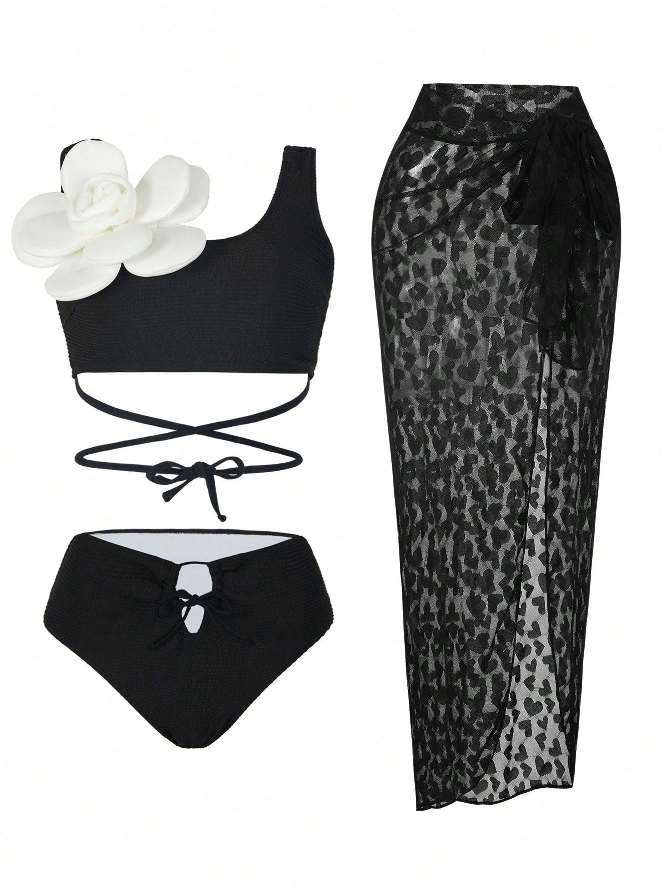 

2025 Европейский и американский кружевной сексуальный женский купальник-бикини из трех частей на шнуровке L чёрный