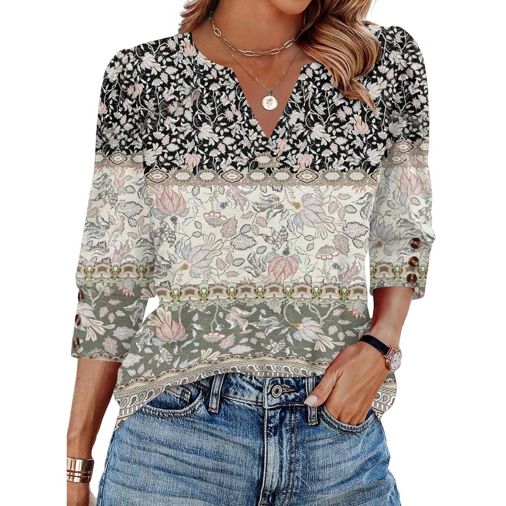 Women's Fashion Casual V Neck Loose Fit Three Quarter Sleeve Top Floral Print Lightweight Blouse Button Detail