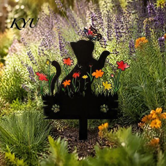 Lawn Animal Silhouette Acrylic Kitten Garden Stake, Decorative Yard Sculpture with Flowers And Outdoor Ornament Butterflies, Waterproof Cat