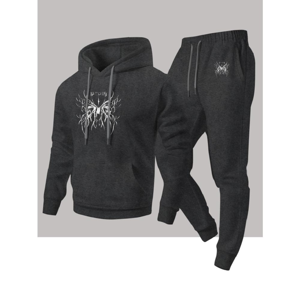 Dark Thorn Print Hooded Sweatshirt Set Drawstring Sweatpants Two Piece Set Loose Casual Sports Style Trendy Men's Clothing
