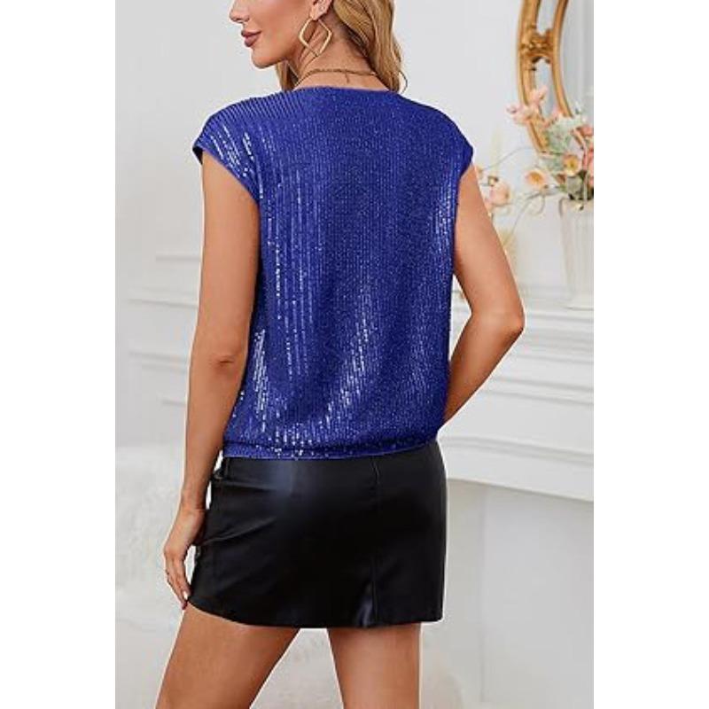 2026 Summer new shoulder sleeves sequined slim V-neck solid color top T-shirt women