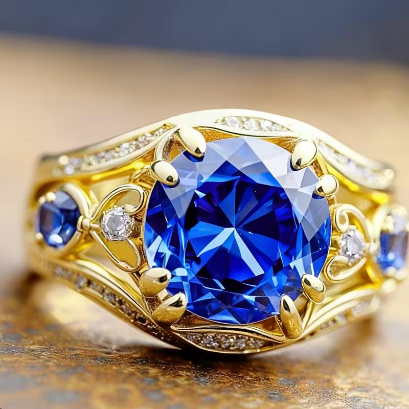 European and American New Fashion Retro Flower Shape Blue Zircon Inlaid Personalized Women's Ring