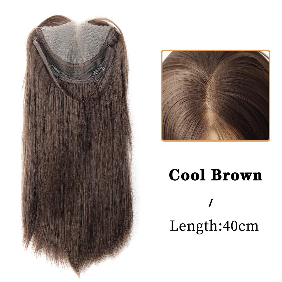 

Синтетическая челка, невидимое кружево, средний пробор, длинные прямые волосы, холодный коричневый топпер, накладка для волос, легко носить, для маскировки седины, для женщин