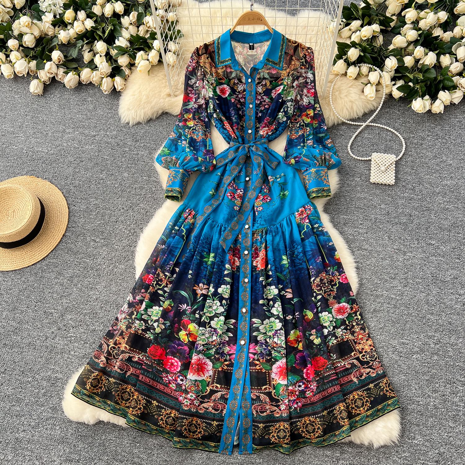 

Весна Лето Женский Бренд Дизайнер Винтажный Принт Шифон Подиумное Платье Отложной Воротник Длинные Макси Рубашки Платья Для Вечеринок L синий