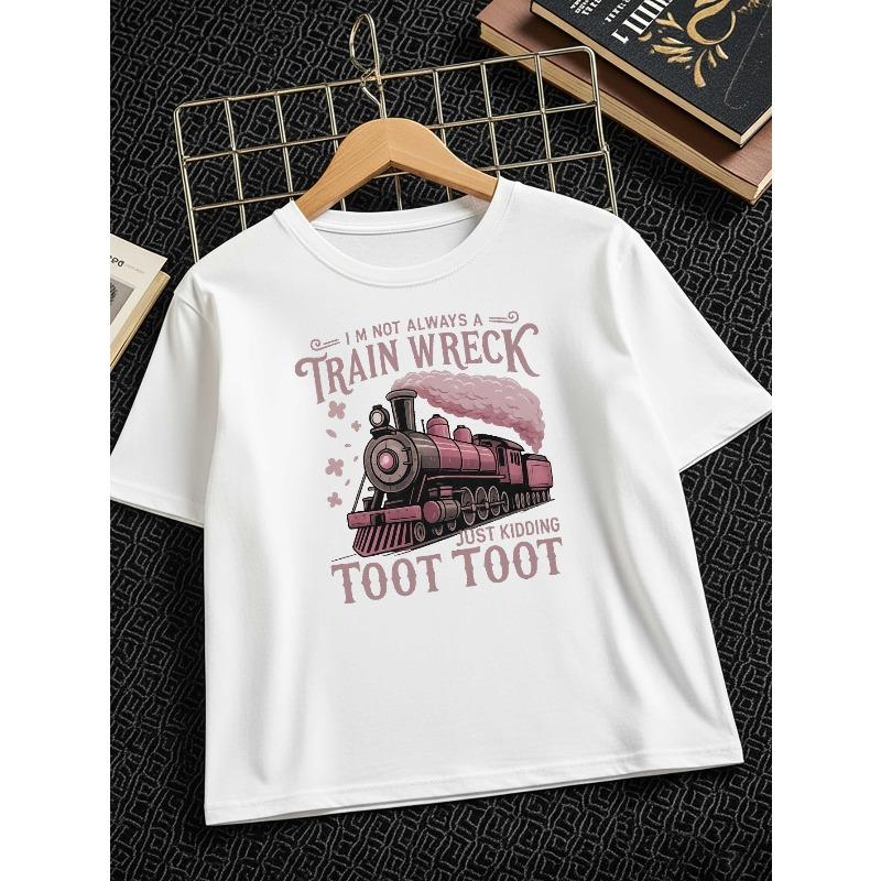 Kids Crewneck Short Sleeve T-Shirt, Creative Train Locomotive  S Toot  Print 110 белый