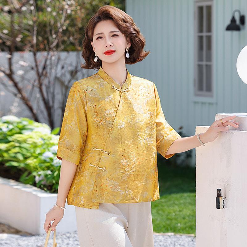 

Stylish Summer Chinese-Style Top for Women Aged 40-60: Short Sleeve, Simple Elegance XL (Recommended for 95-110 jin)