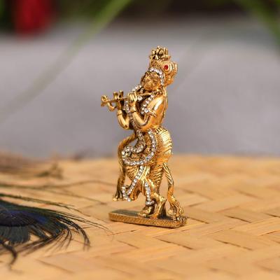 Statuetta di Krishna che suona il flauto placcata in oro - Statua di Krishna in metallo per cruscotto auto - Idolo religioso del dio indù Krishan per Janmashtami