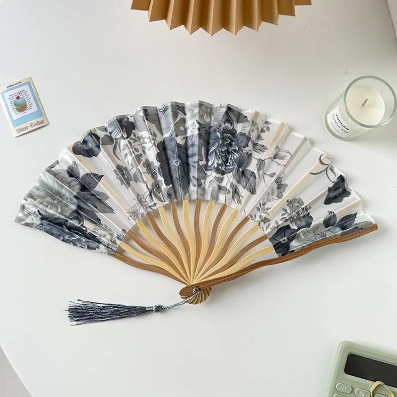 

Chinese Retro Flower Ink Painting Style Pattern Women Silk-cloth Folding Fan Traditional Art Curved Bone Dance Fan with Tassel
