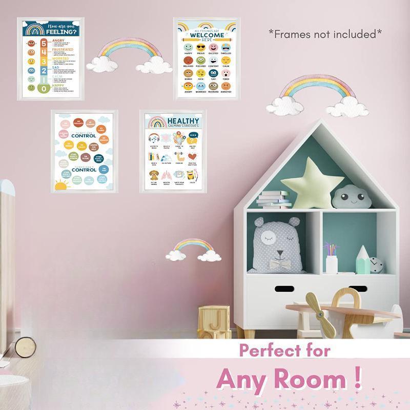 set of 4 Boho Feelings Chart Learning Posters for School Educational Wall Decal Classroom Decoration Periodic Emotions Wall Sticker