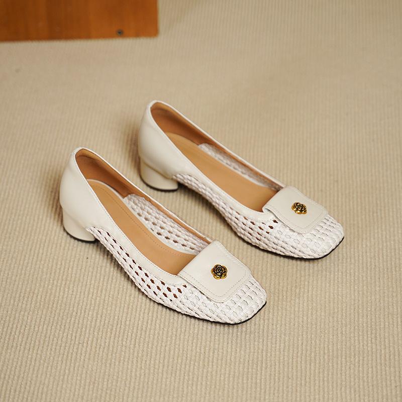 Sheepskin retro woven hollow square head camellia thick heel light mouth single shoes women's white summer sandals women's