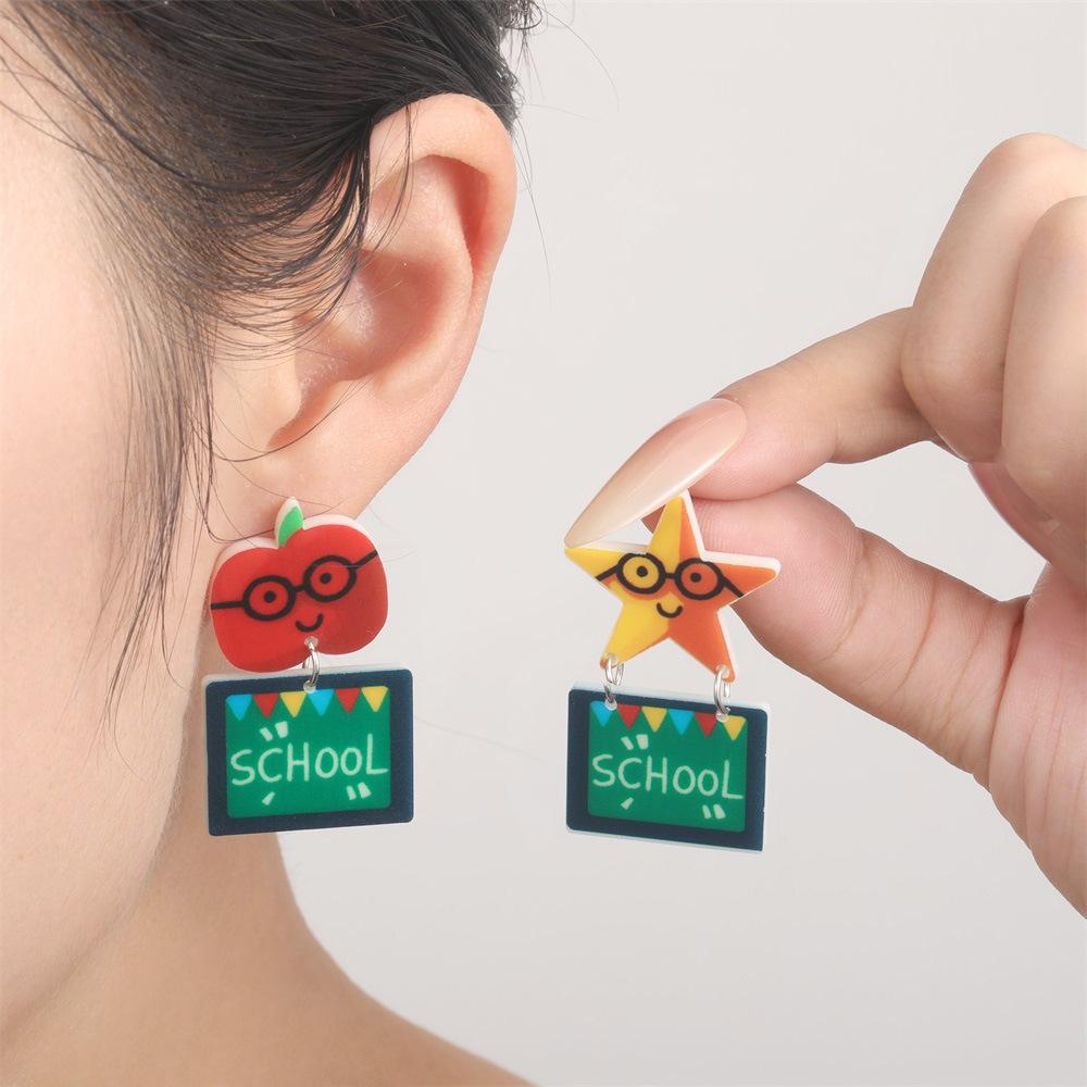 Fully Managed Environmentally Friendly Acrylic Earrings, Personalized School Season Blackboard Stars Apple Shape Earrings