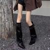Designer Gladiator Chelsea Boots Women Autumn  Knee High Western Shoes Women Pointed-Toe Fashion Buckle Mid Heels Botas