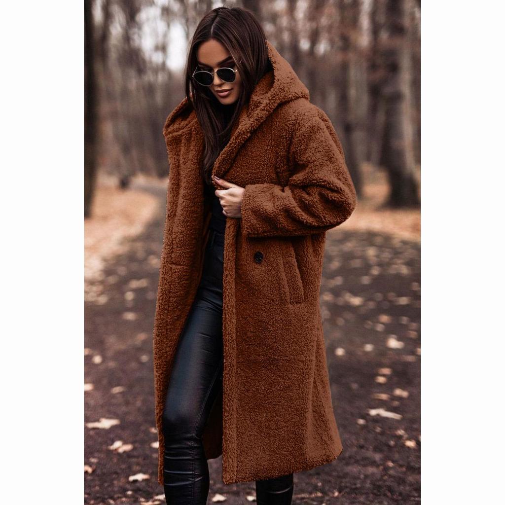 Casacos Moda Longo Com Capuz Cor Sólida Manga Comprida Solto Casual Simples Jaqueta Outono Inverno Diário Quente Roupas Femininas