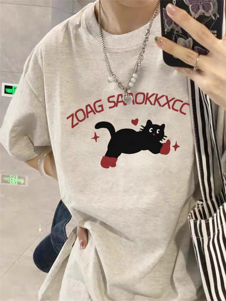 Women's Plus Size Retro Cartoon Kitten Cotton T-Shirt, Summer 2025 Collection, Short Sleeve, Off-Shoulder, Loose Fit.