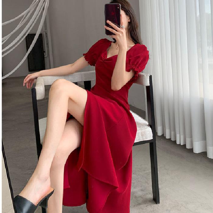 Square Neck Bubble Sleeve Split Black Dress Women's Summer New French Design Niche Long Dress