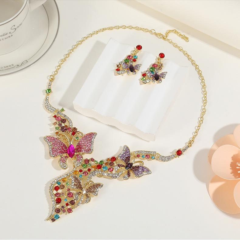 Vintage Colorful Crystal Butterfly Necklace Earrings for Women Rhinestone Weddings Banquet Party Jewelry Set