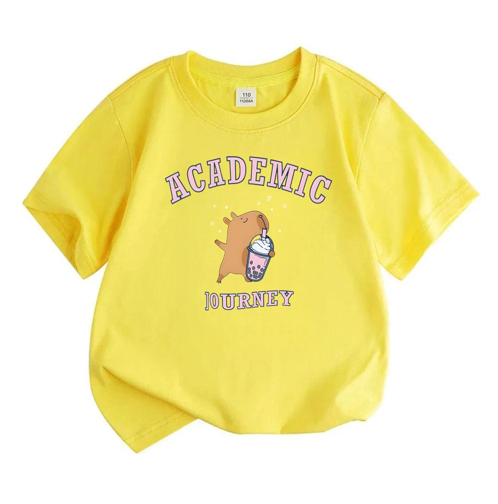 Kids Boys Girls 100% Cotton Short Sleeve Crew Neck T-Shirt, Cute Capybara Academic Journey Bubble Tea Print Casual Soft Summer Tee for School Daily We