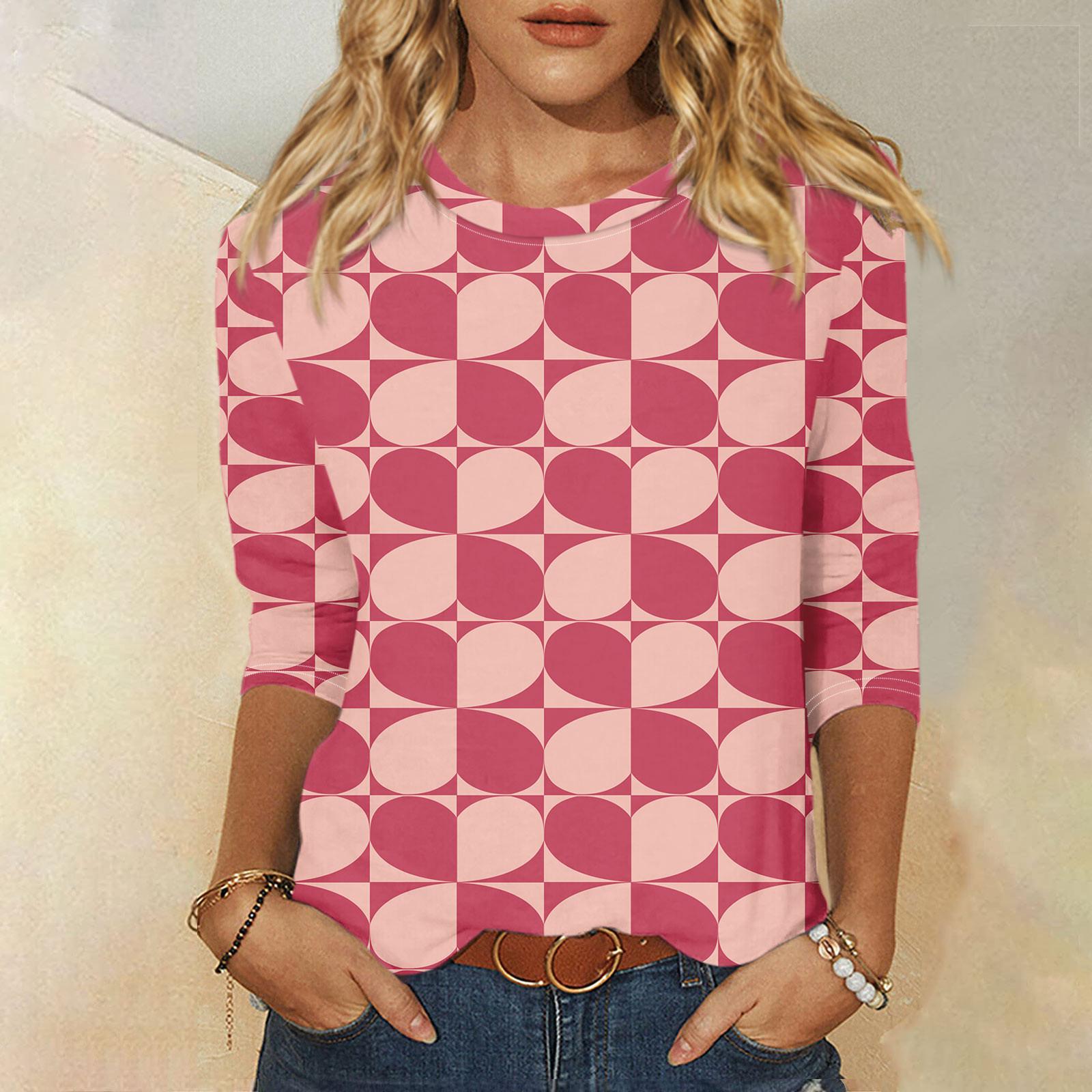 

Женская мода, повседневная свободная футболка с принтом на День святого Валентина и круглым вырезом, рукав 3/4, женский топ XXL розовый