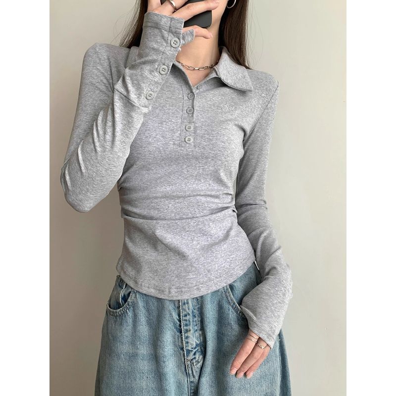 Kumikumi New Arrival Graceful Gray Polo Collar Long Sleeves T-shirt Women Autumn All-Matching Slim Fit Slim Bottoming Top